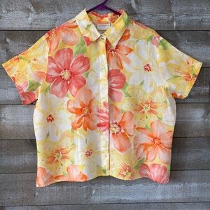 Liz Claiborne Multicolor Floral 100% Linen Button-Up - Yellow, Orange, Coral